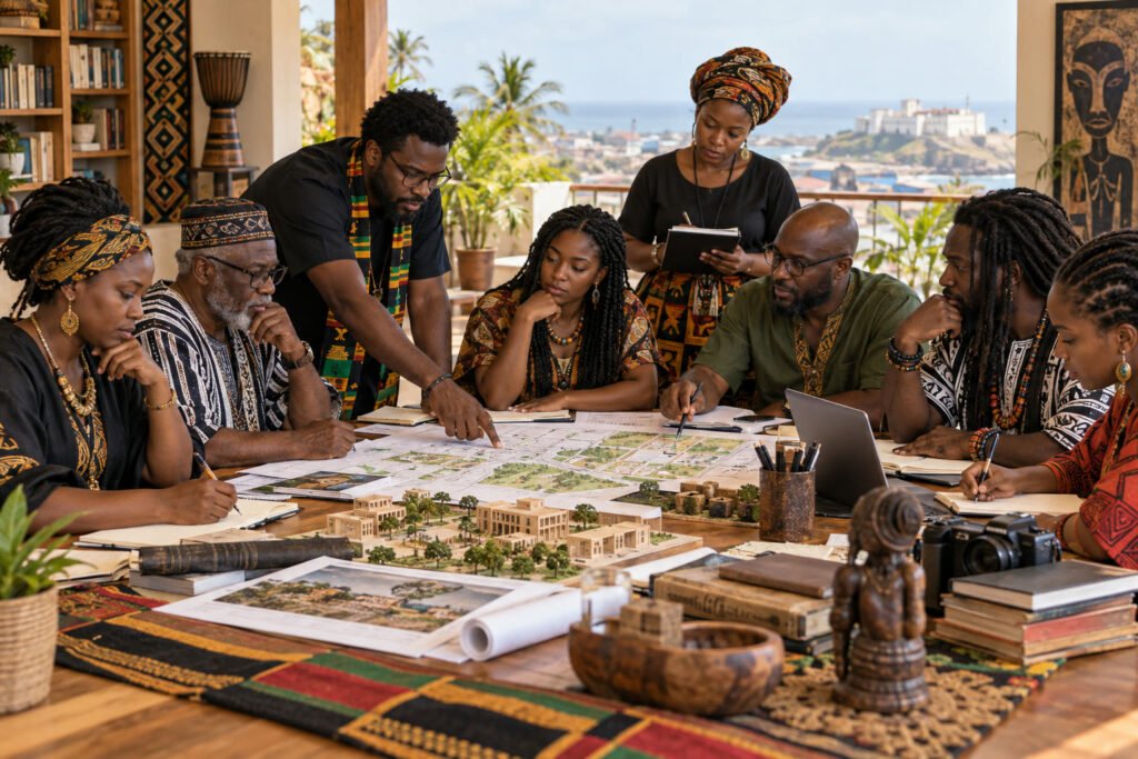 Black scholars, builders, educators, artists, and entrepreneurs planning durable community institutions together in Ghana