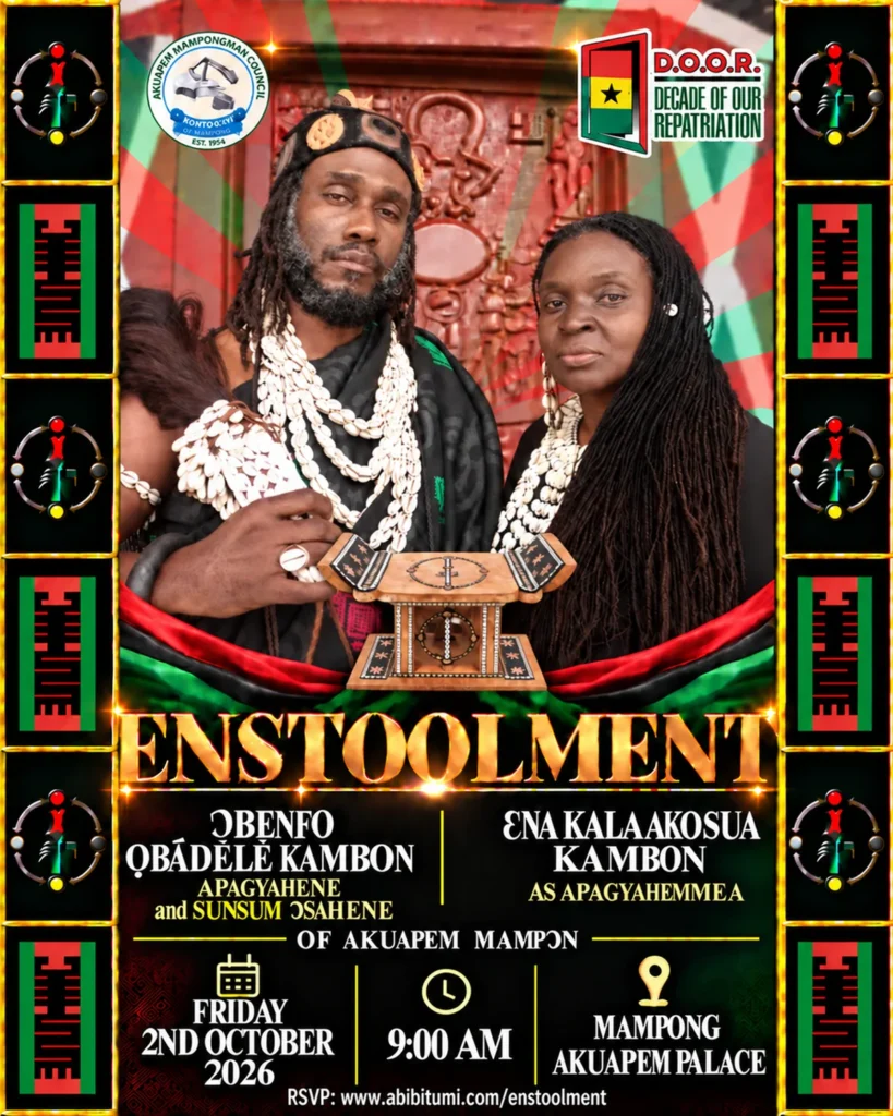 Enstoolment of Ɔbenfo Ọbádélé Kambon as Apagyahene and Sunsum Ɔsahene and Ɛna KalaAkosua Kambon as Apagyahemmea of Akuapem Mampɔn